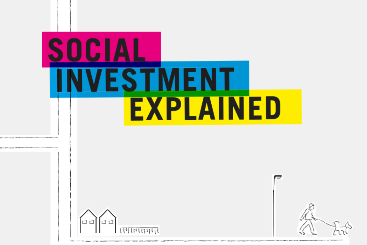 Colourful text blocks on grey background with line drawing of houses and person walking dog.